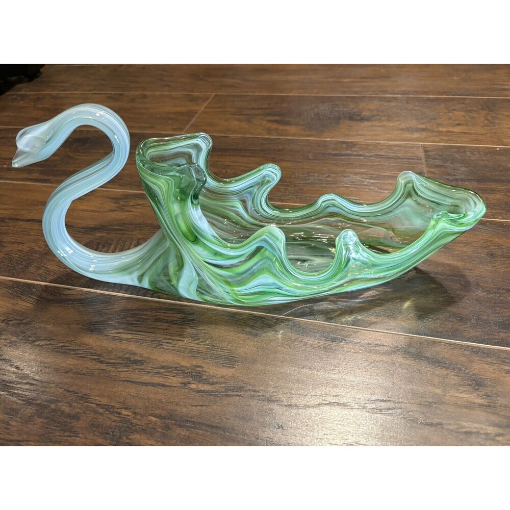 Vintage Sooner Hand Blown Glass Swan 1970’s Green/White Swirls